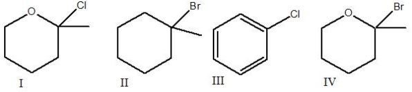 Which of the following compounds will undergo the fastest S<sub>N</sub>1 reaction?   A)  I B)  II C)  III D)  IV E)  Both I & IV