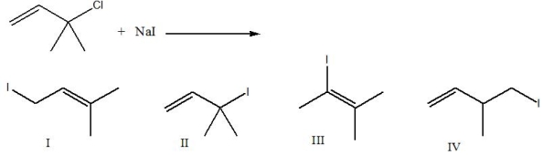 Predict the product for the following S<sub>N</sub>1 reaction.   A)  I B)  II C)  III D)  IV