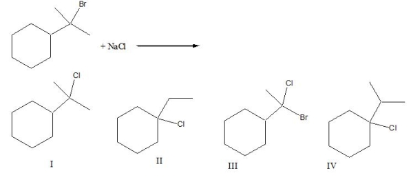 Predict the product for the following S<sub>N</sub>1 reaction.   A)  I B)  II C)  III D)  IV