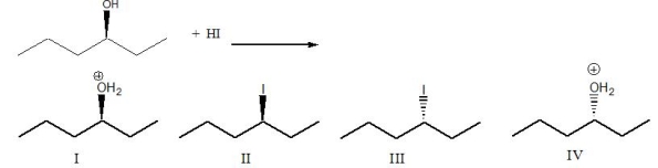 Predict the product(s)  for the following reaction.   A)  Both I & IV B)  II C)  III D)  IV E)  Both II & III