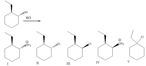 Predict the major product for the following reaction.   A)  I B)  II C)  III D)  IV E)  V