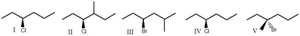 Which of the following compounds will undergo rearrangement in an S<sub>N</sub>1 reaction?   A)  I B)  II C)  III D)  IV E)  V