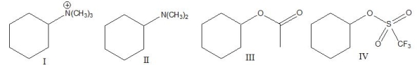 Which of the following compounds has the best leaving group?   A)  I B)  II C)  III D)  IV E)  All of these