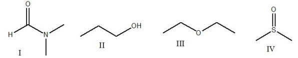 Which of the following is a protic solvent?   A)  I<sup>-</sup> B)  II<sup>-</sup> C)  III D)  IV E)  none of these