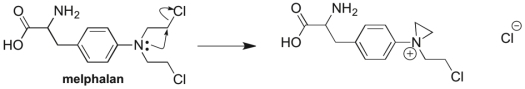 Melphalan, a drug used in chemotherapy, reacts with itself in the body before binding with its target, as illustrated in the mechanism below. Which two patterns of arrow pushing are seen in this reaction?  