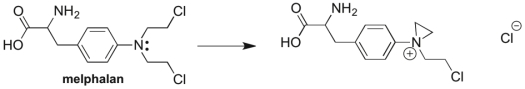 Melphalan, a drug used in chemotherapy, reacts with itself before binding with its target in the body, as illustrated below. Draw in the curved arrows that account for this transformation.  