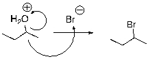 What is wrong with the following mechanism?   A)  There is no leaving group, so there should be no arrows. B)  The arrow should be removing a proton from the H<sub>2</sub>O group. C)  An arrow is also needed to indicate the loss of the leaving group. D)  The arrow indicating the formation of the C-Br bond (nucleophilic attack)  should start at the bromide anion.