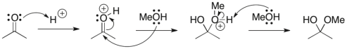 Identify the sequence of curved arrows (electron movement)  in the steps of the following reaction.   A)  Proton transfer, proton transfer, nucleophilic Attack B)  Proton transfer, loss of leaving group C)  Nucleophilic attack, proton transfer, loss of leaving group D)  Proton transfer, nucleophilic attack, proton transfer