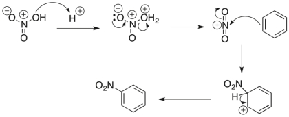 What pattern of curved arrow pushing is the fourth step of this reaction?   A)  Proton transfer B)  Loss of leaving group C)  Nucleophilic attack D)  Rearrangement