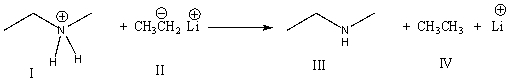 Which is the conjugate base in the following reaction?   A)  I B)  II C)  III D)  IV E)  Both I & III