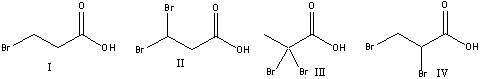 Rank the following compounds in decreasing order (most to least)  of acidity.   A)  III>II>IV>I B)  II>IV>III>II C)  IV>III>II>I D)  IV>II>III>I E)  III>IV>II>I
