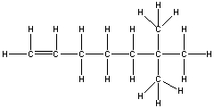 Which of the following is the correct condensed structure for the following compound?   A)  CH<sub>2</sub>=CH(CH<sub>2</sub>) <sub>3</sub>C(CH<sub>3</sub>) <sub>3</sub> B)  CH(CH<sub>2</sub>) <sub>4</sub>C(CH<sub>3</sub>) <sub>3</sub> C)  (CH<sub>3</sub>) <sub>2</sub>CH(CH<sub>2</sub>) <sub>4</sub>CH<sub>3</sub> D)  CH<sub>2</sub>CH(CH<sub>2</sub>) <sub>3</sub>C(CH<sub>3</sub>) <sub>3</sub> E)  (CH) <sub>3</sub>(CH<sub>2</sub>) <sub>3</sub>C(CH<sub>3</sub>) <sub>3</sub>