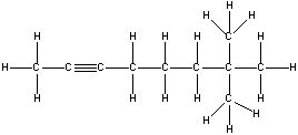  Which of the following is the correct condensed structure for the following compound?   A)  CH<sub>3</sub>C<sub>2</sub>(CH<sub>2</sub>) <sub>3</sub>C(CH<sub>3</sub>) <sub>3</sub> B)  CH<sub>3</sub>CC(CH<sub>2</sub>) <sub>3</sub>C(CH<sub>3</sub>) <sub>2</sub>CH<sub>3</sub> C)  (CH<sub>3</sub>) <sub>3</sub>C<sub>2</sub>(CH<sub>2</sub>) <sub>3</sub>CH<sub>3</sub> D)  CH<sub>3</sub>C  \equiv C(CH<sub>2</sub>) <sub>3</sub>C(CH<sub>3</sub>) <sub>3</sub> E)  CH<sub>3</sub>CC(CH<sub>2</sub>) <sub>3</sub>C(CH<sub>3</sub>) <sub>3</sub> 
