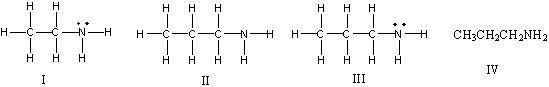 Which of the following is the correct Lewis structure for CH<sub>3</sub>(CH<sub>2</sub>) <sub>2</sub>NH<sub>2</sub>?   A)  I B)  II C)  III D)  IV E)  Both II & III