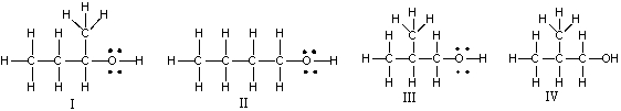 Which of the following is the correct Lewis structure for (CH<sub>3</sub>) <sub>2</sub>CHCH<sub>2</sub>OH?   A)  I B)  II C)  III D)  IV E)  Both III & IV