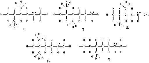Which of the following is the correct Lewis structure for (CH<sub>3</sub>) <sub>3</sub>C(CH<sub>2</sub>) <sub>2</sub>NHCH<sub>3</sub>?   A)  I B)  II C)  III D)  IV E)  V
