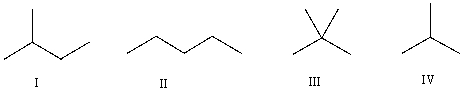 Which of the following is the correct bond-line structure for (CH<sub>3</sub>) <sub>4</sub>C?   A)  I B)  II C)  III D)  IV E)  None of these
