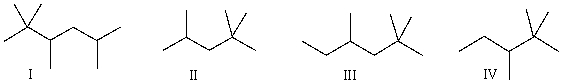 Which of the following is the correct bond-line structure for (CH<sub>3</sub>) <sub>2</sub>CHCH<sub>2</sub>C(CH<sub>3</sub>) <sub>3</sub>?   A)  I B)  II C)  III D)  IV E)  None of these