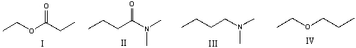 Which of the following compounds contain an ester functional group?   A)  I B)  II C)  III D)  IV E)  Both I & IV