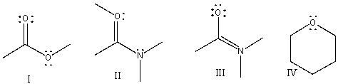 Which of the following compounds have +1 as a formal charge on an oxygen atom?   A)  I B)  II C)  III D)  IV E)  Both I & IV