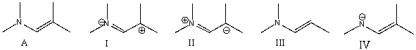 Which of the following is a correct resonance structure for compound A?   A)  I B)  II C)  III D)  IV E)  None of these