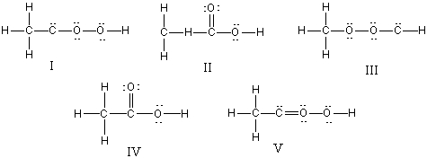 What is the correct Lewis structure for CH<sub>3</sub>CO<sub>2</sub>H?   A)  I B)  II C)  III D)  IV E)  V
