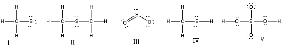 Which of the following structures have 1+ formal charge on sulfur atom?   A)  I B)  II C)  III D)  IV E)  V