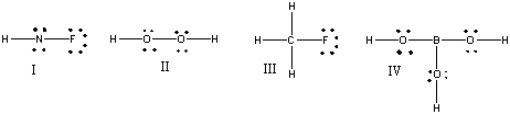 Which of the following structures have formal charge on at least one atom?   A)  I B)  II C)  III D)  IV E)  None of these