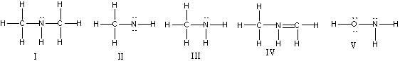 Which of the following structures have 1- formal charge on nitrogen atom?   A)  I B)  II C)  III D)  IV E)  V