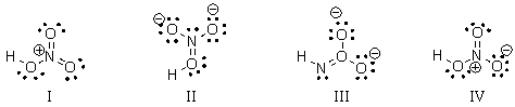 What is the correct Lewis structure for nitric acid (HNO<sub>3</sub>)  including the formal charges?   A)  I B)  II C)  III D)  IV E)  None of these