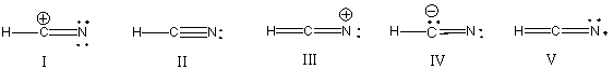 What is the correct Lewis structure for hydrocyanic acid (HCN)  including the formal charges, if any?   A)  I B)  II C)  III D)  IV E)  V