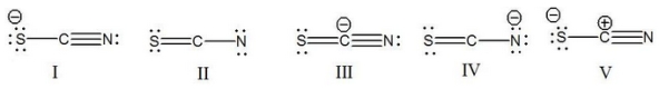 What is the correct Lewis structure for SCN<sup>-</sup> including the formal charges, if any?   A)  I B)  II C)  III D)  IV E)  V