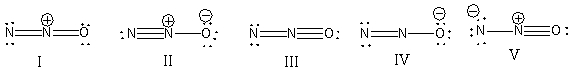What is the correct Lewis structure for N<sub>2</sub>O including the formal charges, if any?   A)  I B)  II C)  III D)  IV E)  V