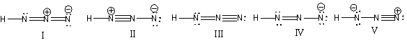 What is the correct Lewis structure for hydrazoic acid (HN<sub>3</sub>)  including the formal charges, if any?   A)  I B)  II C)  III D)  IV E)  V