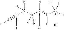 What is the correct order of hybridization state for the numbered carbon atoms in the following compound?   A)  I = sp<sup>3</sup>, II = sp<sup>2</sup>, III = sp B)  I = sp<sup>2</sup>, II = sp, III = sp<sup>2</sup> C)  I = sp, II = sp<sup>2</sup>, III = sp<sup>3</sup> D)  I = sp, II = sp<sup>2</sup>, III = sp E)  I = sp<sup>2</sup>, II = sp<sup>3</sup>, III = sp<sup>2</sup>