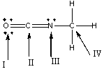 What is the hybridization state of the indicated atoms in the following compound?   A)  I - sp ; II - sp<sup>2</sup> ; III - sp<sup>3</sup> ; IV - sp<sup>2</sup> B)  I - sp<sup>2</sup> ; II - sp ; III - sp<sup>2</sup> ; IV - sp<sup>3</sup> C)  I - sp<sup>3</sup> ; II - sp<sup>2</sup> ; III - sp ; IV - sp<sup>2</sup> D)  I - sp<sup>2</sup> ; II - sp<sup>3</sup> ; III - sp<sup>2</sup> ; IV - sp E)  I - sp<sup>2</sup> ; II - sp<sup>2</sup> ; III - sp<sup>2</sup> ; IV - sp<sup>3</sup>