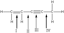 Which is the shortest bond in the following compound?   A)  I B)  II C)  III D)  IV E)  I & III have the same length