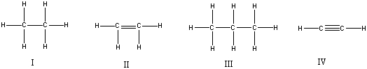 Which of the following compounds contains the shortest carbon-carbon bond?   A)  I B)  II C)  III D)  IV E)  All of these