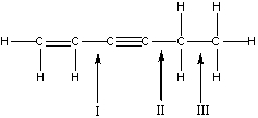 Which is the longest C-C bond in the following compound?   A)  I B)  II C)  III D)  I & III E)  All of these