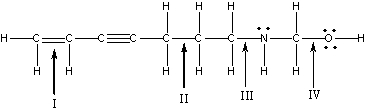 Rank the indicated bonds in decreasing order of bond length.   A)  I>II>III>IV B)  II>III>IV>I C)  IV>III>II>I D)  III>IV>I>II E)  II>I>III>IV