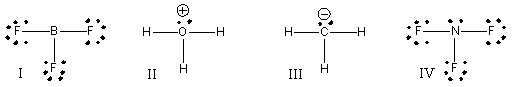 Which of the following compounds have trigonal planar molecular geometry?   A)  I B)  II C)  III D)  IV E)  I & IV