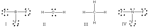 Which of the following compounds have trigonal pyramidal molecular geometry?   A)  I B)  II C)  III D)  IV E)  I & IV