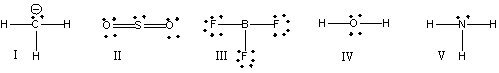 Which of the following compounds have trigonal planar electron geometry?   A)  I, II & III B)  I, II, IV & V C)  III & IV & V D)  II &III E)  All of these