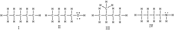 Rank the following compounds in decreasing (highest to lowest)  order of boiling point?   A)  III>I>IV>II B)  II>IV>I>III C)  III>I>II>IV D)  IV>II>I>III E)  I>III>II>IV