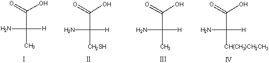Which of the following naturally occurring amino acids does not have the S configuration?   A)  I B)  II C)  III D)  IV E)  none of these