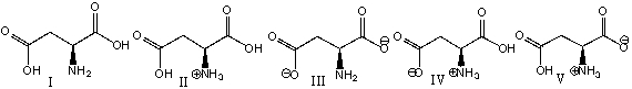 Which of the following is the predominant form of aspartic acid at pH 1?   A)  I B)  II C)  III D)  IV E)  V