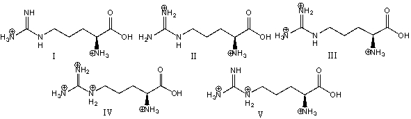 Which of the following is the predominant form of arginine at pH 2?   A)  I B)  II C)  III D)  IV E)  V