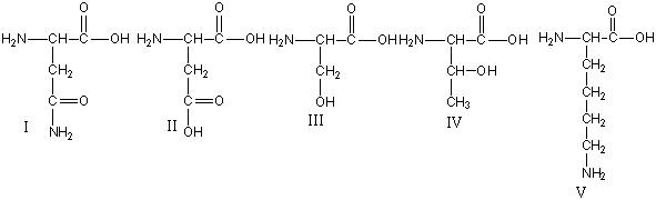 Which of the following amino acids have a pI around pH 3?   A)  I B)  II C)  III D)  IV E)  V