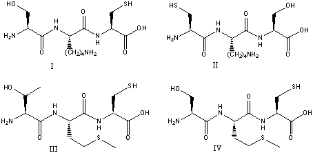 Which of the following is a correct bond-line structure for the tripeptide Ser-Lys-Cys?   A)  I B)  II C)  III D)  IV E)  none of these
