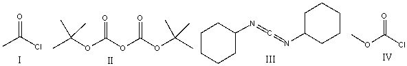 Which of the following reagents is used to protect the amino group in the selective synthesis of the dipeptide Ala-Val?   A)  I B)  II C)  III D)  IV E)  V